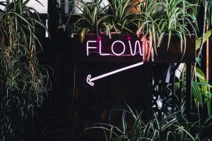 Pink neon light spelling flow with various plants